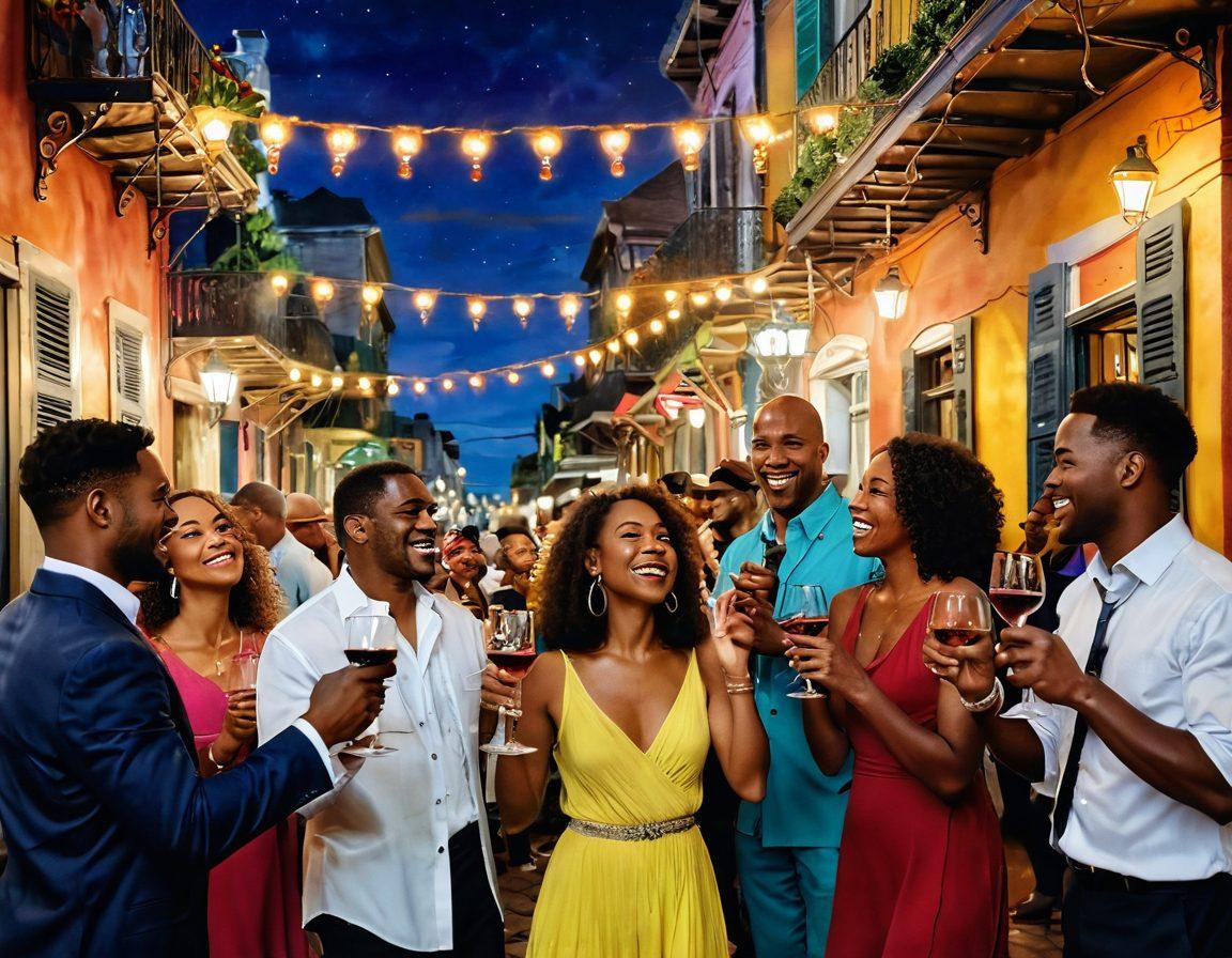 A vibrant and festive New Orleans street scene, featuring a diverse group of people clinking glasses of wine with smiles, surrounded by lively jazz musicians playing in the background. Colorful decorations and classic French Quarter architecture set the ambiance, with twinkling lights overhead. The scene radiates joy and celebration, capturing the essence of good times. super-realistic. vibrant colors. 3D.