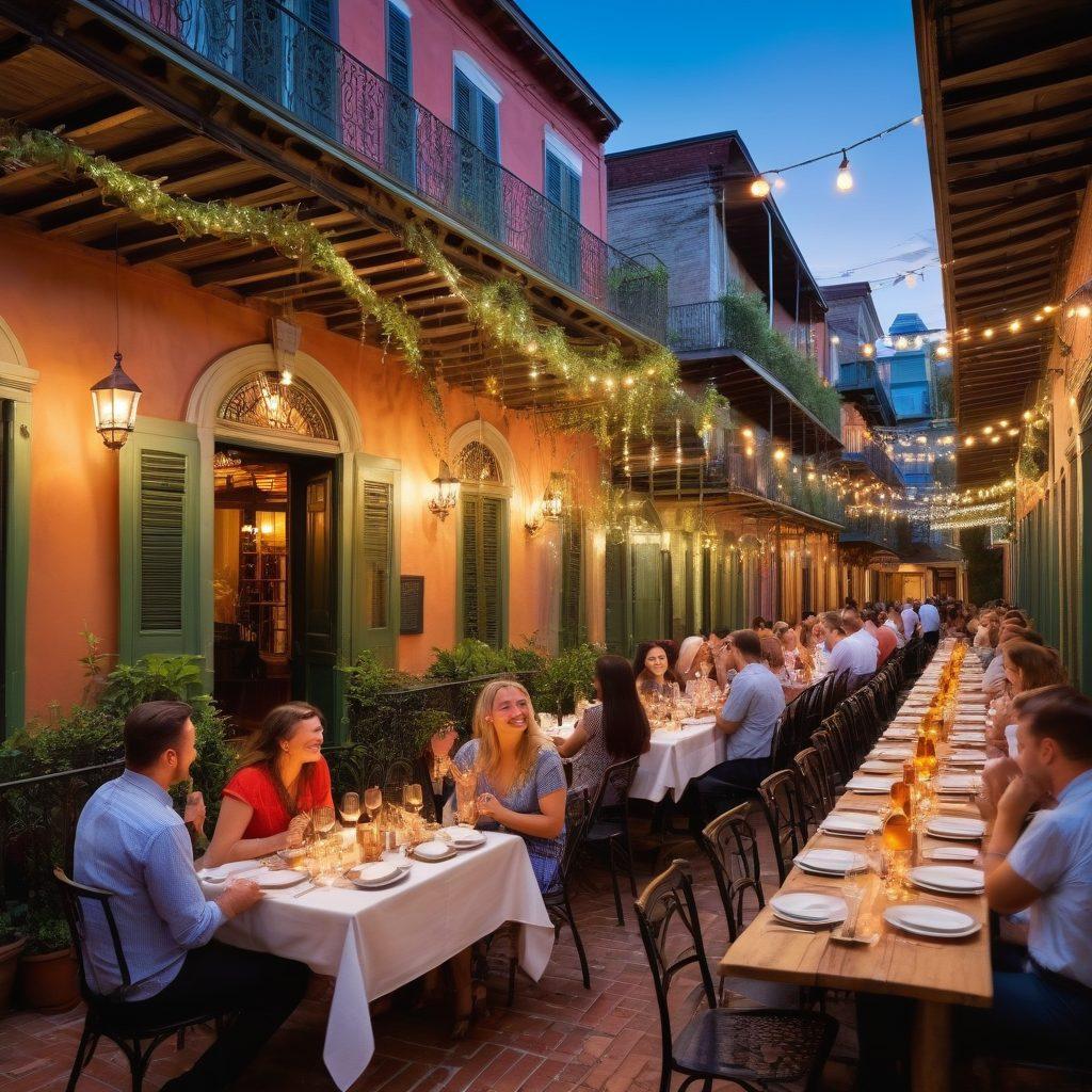 A vibrant scene showcasing a joyful wine tasting event in a charming New Orleans setting, with guests laughing and clinking glasses. The backdrop features colorful historic buildings adorned with intricate ironwork balconies, and lush grapevines intertwined with string lights. A variety of wine bottles and glasses are elegantly arranged on the tables, complemented by plates of mouth-watering local dishes. The atmosphere is lively and festive, capturing the essence of Southern hospitality. super-realistic. vibrant colors. warm ambiance.
