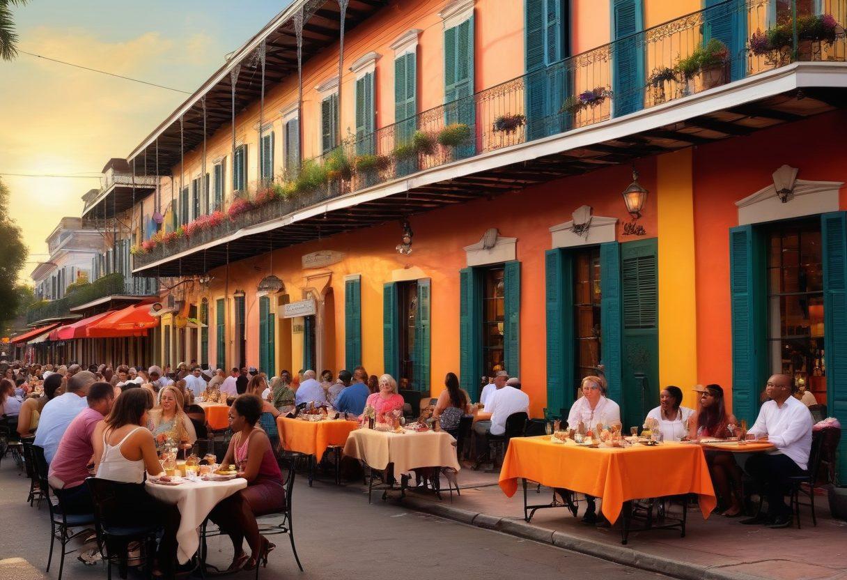 A whimsical scene of a vibrant New Orleans street filled with lively wine bars and cheerful people enjoying sipping wine. Colorful decorations and street musicians create a joyful atmosphere, while a table adorned with delicious small bites showcases the culinary delights. Warm sunset hues reflecting in glasses of wine evoke a sense of celebration. super-realistic. vibrant colors. lively atmosphere.